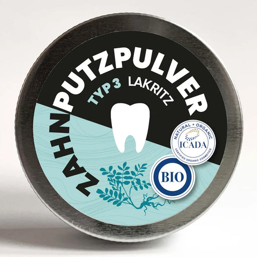 "SCHETTLERs® ZAHNPUTZPULVER – Typ 3 – mit Lakritzextrakt" in einer Schraubdeckeldose aus Weißblech. Mehr Informationen in der Produktbeschreibung.