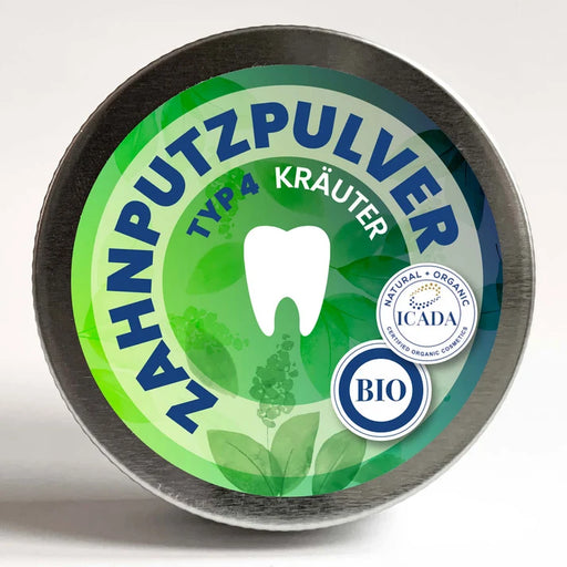 "SCHETTLERs® ZAHNPUTZPULVER – Typ 4 – salzfrei" in einer Schraubdeckeldose aus Weißblech. Mehr Informationen in der Produktbeschreibung.