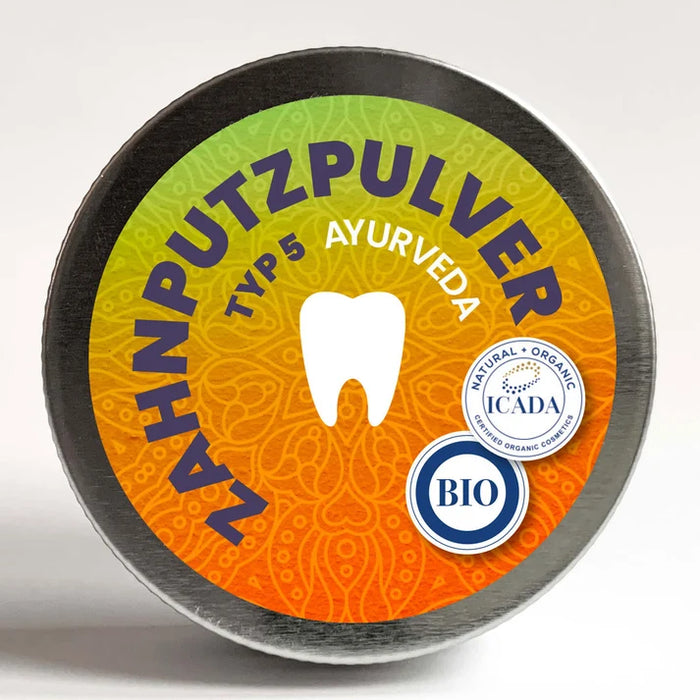 "SCHETTLERs® ZAHNPUTZPULVER – Typ 5 - Ayurveda" in einer Schraubdeckeldose aus Weißblech. Mehr Informationen in der Produktbeschreibung.