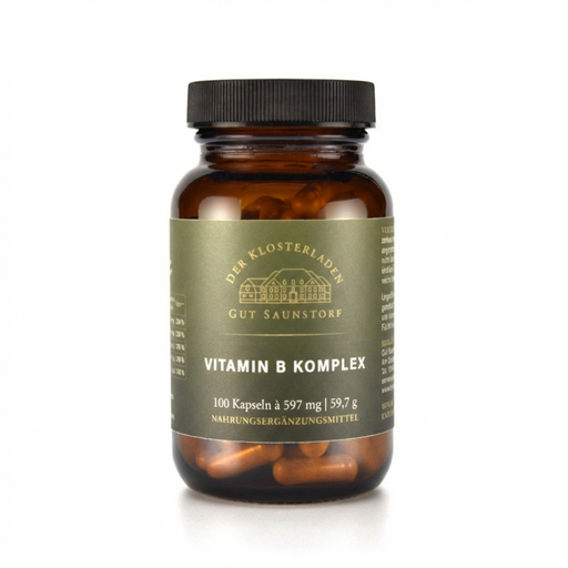 Nahrungsergänzung "Vitamin-B-Komplex - Kapseln" in braunem Glasgefäß. 