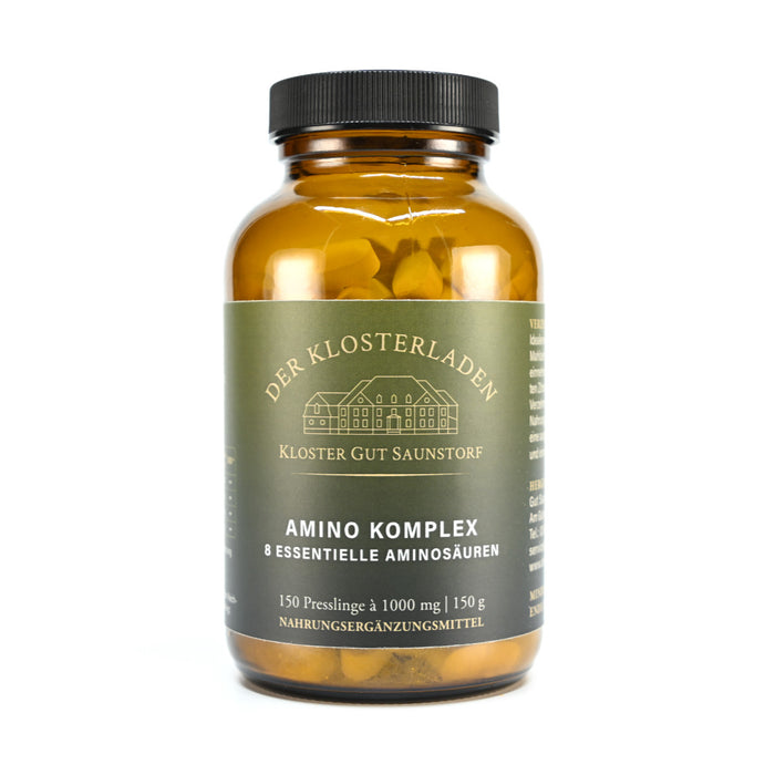 Nahrungsergänzung "Amino Komplex - Presslinge" in braunem Glasgefäß. 