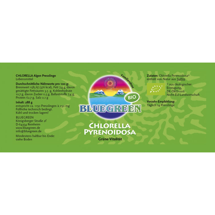 Etikett von "Chlorella Pyrenoidosa - Presslinge" mit Informationen zu Nährwerten, Verzehr-Empfehlung, Zutaten und Hersteller (siehe Produktbeschreibung).