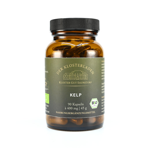 Nahrungsergänzung "Kelp - Braunalgen - Kapseln" in braunem Glasgefäß. 