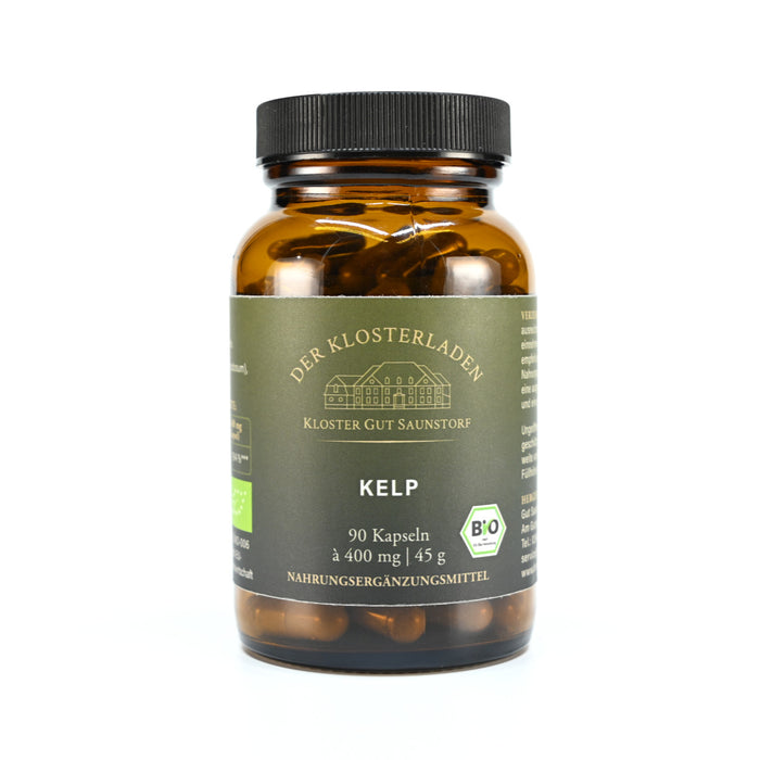 Nahrungsergänzung "Kelp - Braunalgen - Kapseln" in braunem Glasgefäß. 