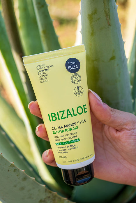 Hand- & Fußcreme vor einer Aloe Vera Pflanze in der Hand gehalten. 