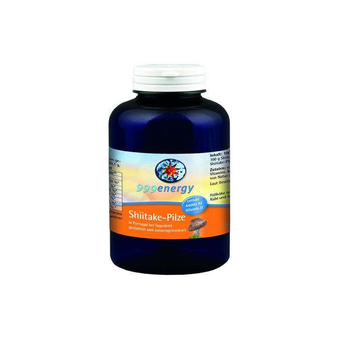 Nahrungsergänzungsmittel "Shiitake-Pilze - Pulver" in blauer Dose aus Plastik. 