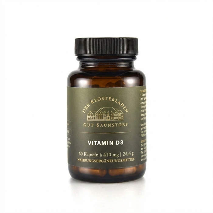 Nahrungsergänzung "Vitamin D3 - Kapseln" in braunem Glasgefäß. 