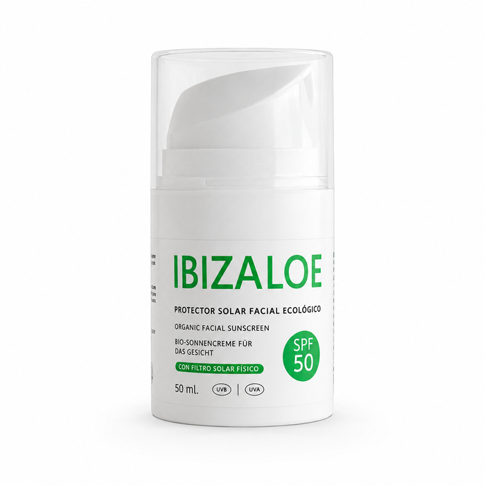 "Aloe Vera - Sonnencreme LSF 50"  in weißem Spender aus Kunststoff. Weitere Informationen siehe Produktbeschreibung. 