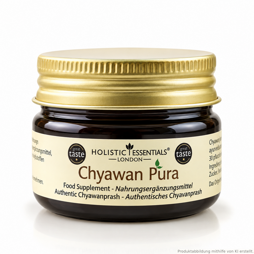 Ayurvedisches "Kräuterfruchtmus Chyavanprash Mini" in braunem Glas. Produktabbildung mithilfe von KI erstellt. 