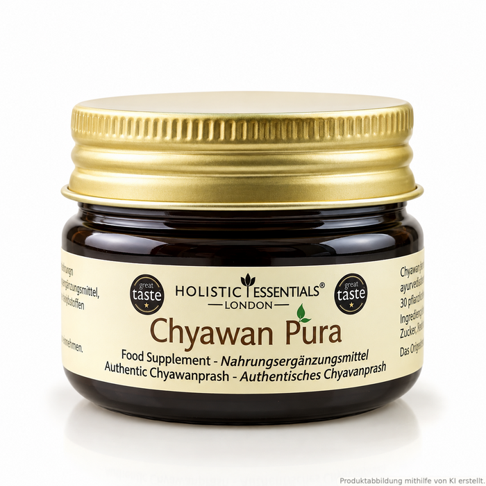 Ayurvedisches "Kräuterfruchtmus Chyavanprash Mini" in braunem Glas. Produktabbildung mithilfe von KI erstellt. 