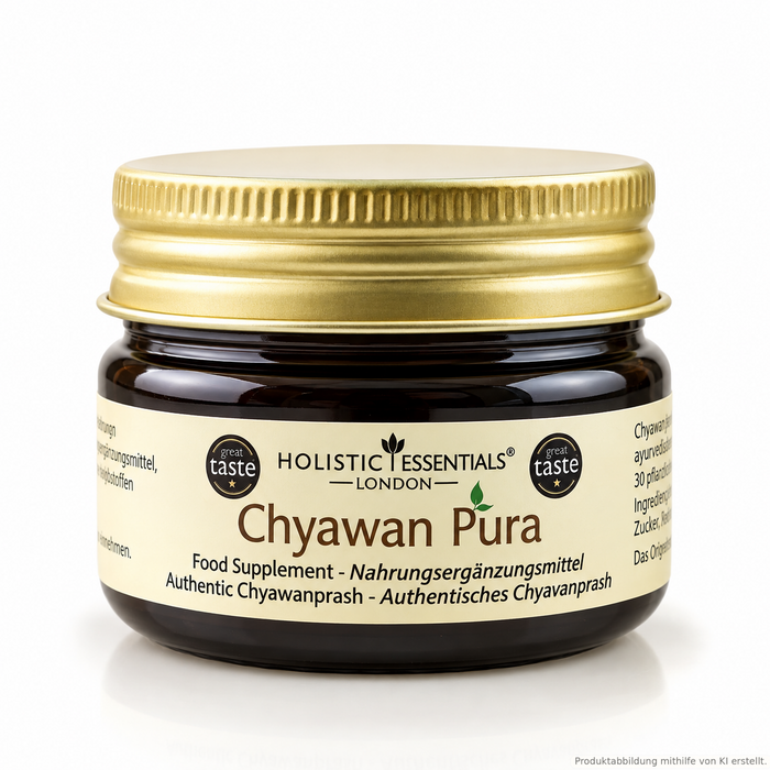 Ayurvedisches "Kräuterfruchtmus Chyavanprash Mini" in braunem Glas. 