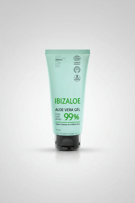 "Aloe Vera Gel 99% pur" in türkisfarbener Tube aus Kunststoff. Weitere Informationen siehe Produktbeschreibung. 