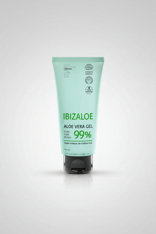 "Aloe Vera Gel 99% pur" in türkisfarbener Tube aus Kunststoff. Weitere Informationen siehe Produktbeschreibung. 