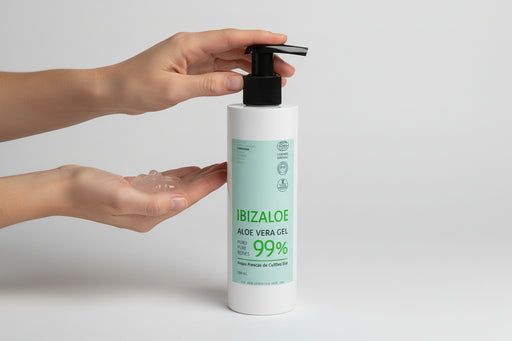 "Aloe Vera Gel 99% pur" in weißem Spender aus Kunststoff. Weitere Informationen siehe Produktbeschreibung. 