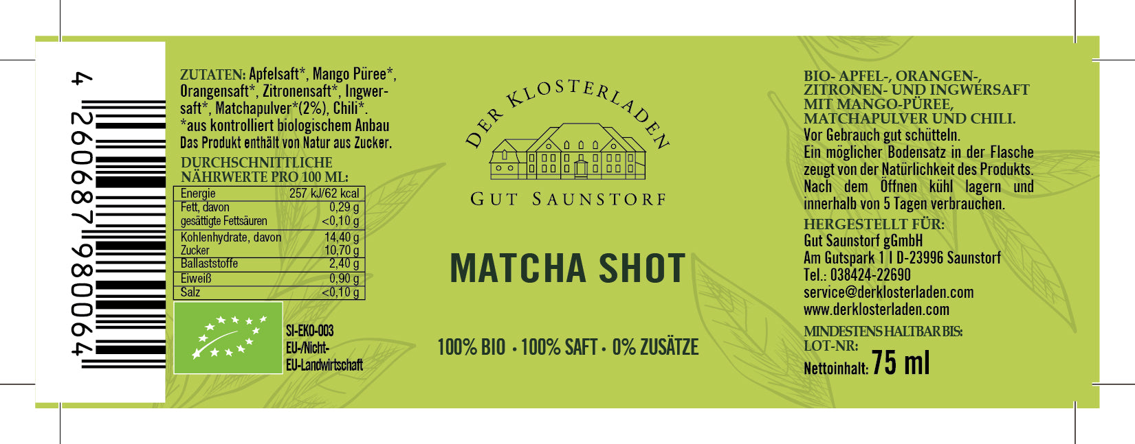 Matcha - Shot (12er-Packung à 75ml) - 20% Sparen! - Der Klosterladen - Gut Saunstorf